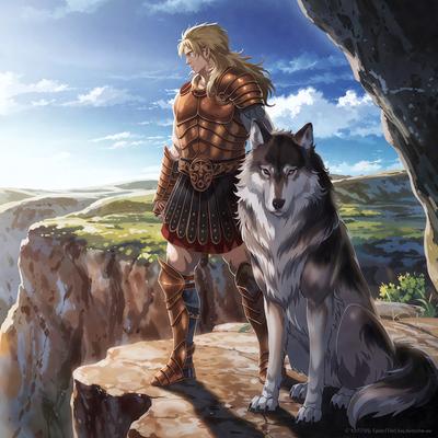 The primary subject of the image is a man wearing a suit of armor, standing on a cliff with his wolf companion. The setting is a rocky outdoor environment, and the visual style appears to be a digital art or illustration. The colors in the image are predominantly earthy tones, such as brown and green, which create a sense of natural beauty and adventure.